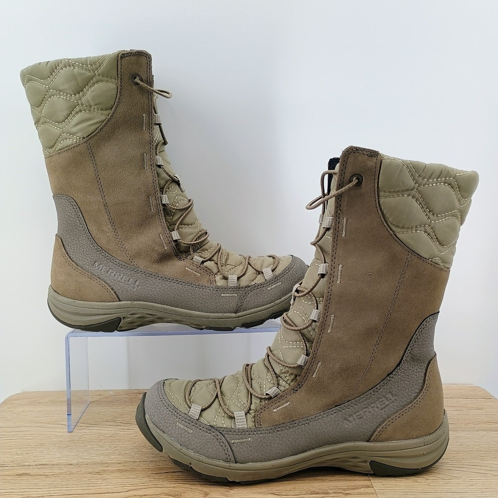Merrell Boots Womens 9 Tall Beige Suede Insulated Waterproof Mid Calf Snow Shoes